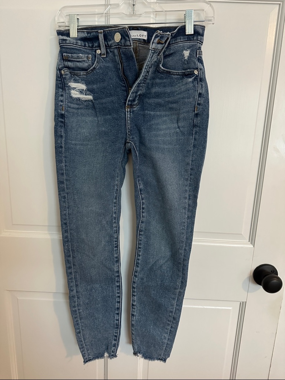 LOFT Dark Wash Distressed High-Rise Ankle Jeans